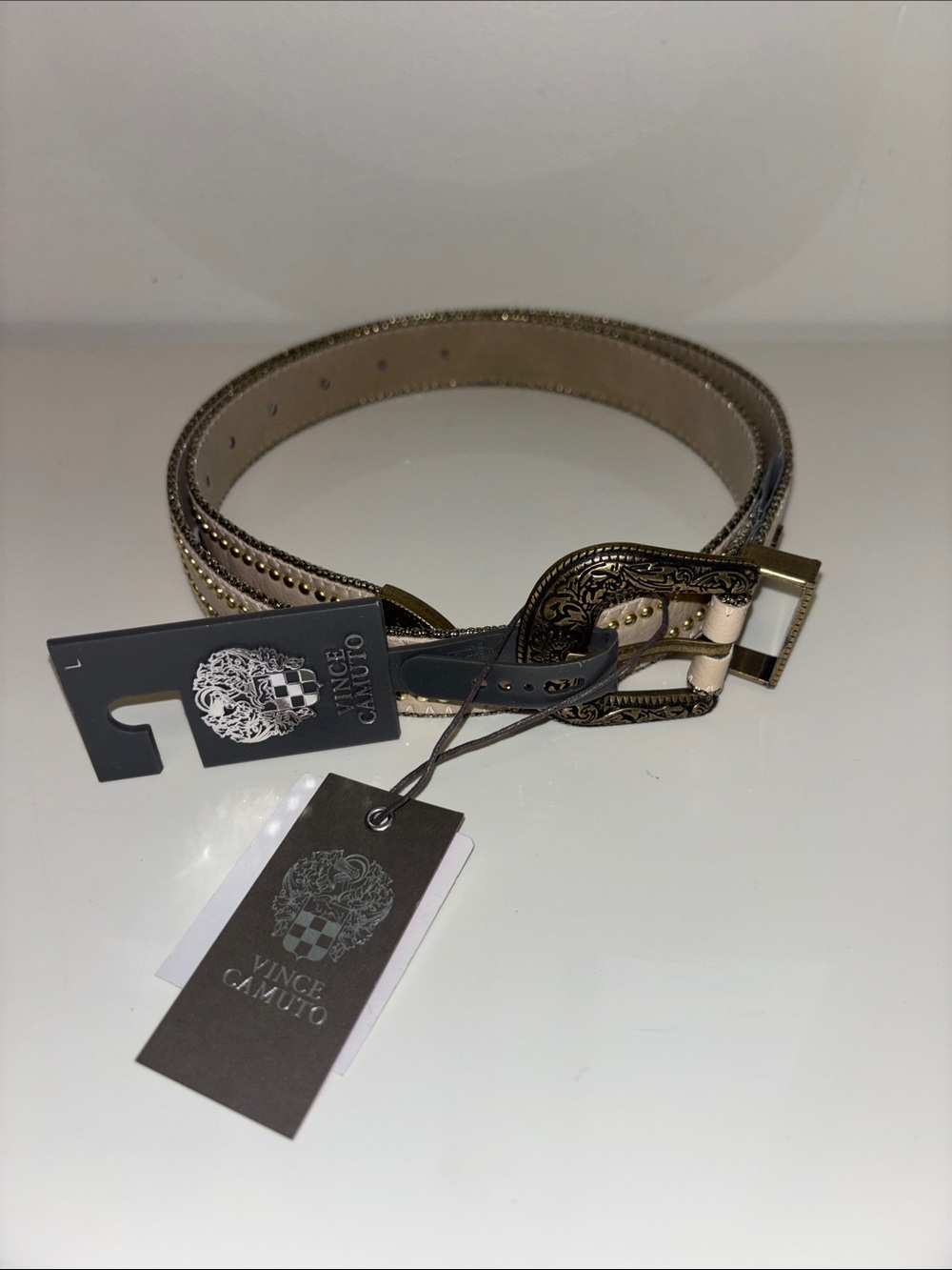 Vince Camuto Beige Leather Belt Ornate Antiqued Buckle Size Large studded NWT